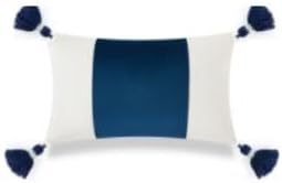 Hofdeco Premium Coastal Patio Outdoor Performance Lumbar Pillow Cover Only, 12"x20" Water Repellent, UV and Fade Resistant for Backyard, Couch, Dark Navy Blue Color Block with Tassels
