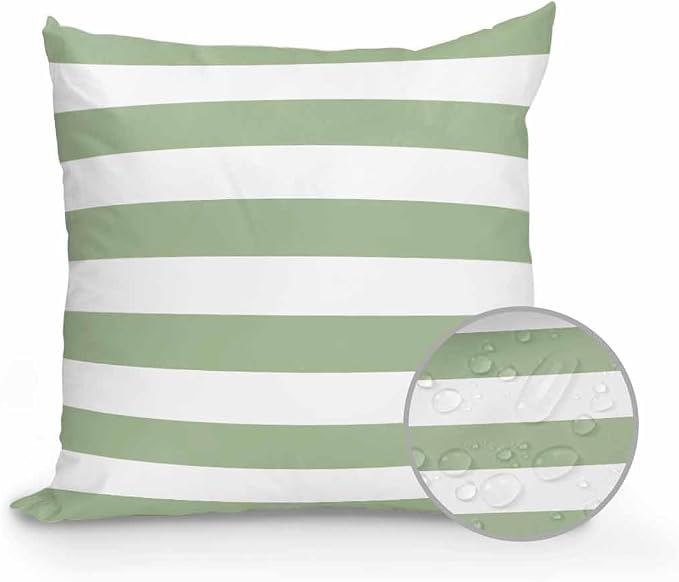 Outdoor Waterproof Throw Pillows Sage Green White Stripes Horizontal Lines Patio Pillows Pack of 1,Decorative Pillow Covers with Insert,Pillow Cushion Case for Garden Couch Sofa Modern Minimalism