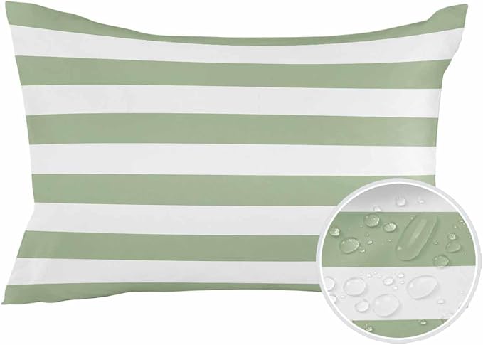 Outdoor Waterproof Throw Pillows Sage Green White Stripes Horizontal Lines Patio Pillows Pack of 1,Decorative Pillow Covers with Insert,Pillow Cushion Case for Garden Couch Sofa Modern Minimalism