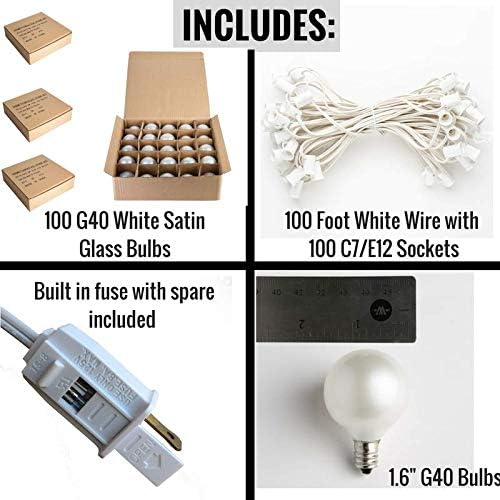 100 Foot G40 White Pearl Wedding String Lights with White Wire | G40 1.6 Inch 5-watt Globe Bulbs - Great for Parties, Patios, Backyards, Tents and more