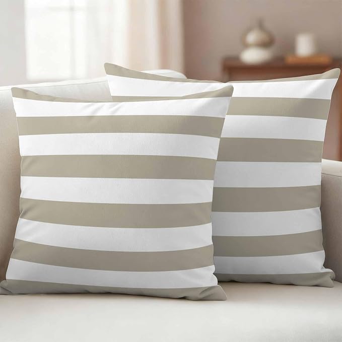 JasmineM Outdoor Pillow Cover 16x16 Inches Set of 2 Tan and White Stripe Waterproof Throw Pillow Covers Taupe Tan Brown Stripes Decorative Pillowcases Garden Cushion Case for Patio Couch Sofa