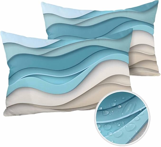 Pack of 2 Ombre Blue Brown Outdoor Pillow Waterproof Covers 20x12 inch, Abstract Wave Polyester Throw Pillow Covers Garden Cushion Decorative Case for Patio Couch Decoration