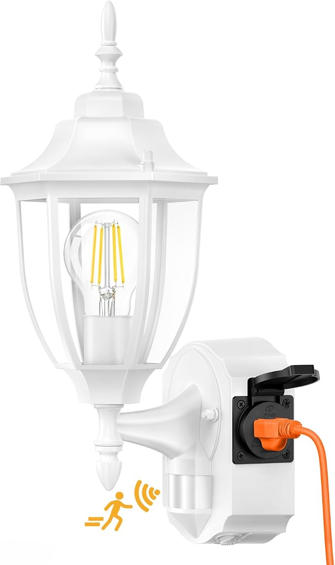 Porch Light with Outlet, Motion Sensor Outdoor Lights, Updated Dusk to Dawn Exterior Lighting Fixtures, Waterproof Anti-Rust Aluminum Outside Lights for House Entryway Garage, White