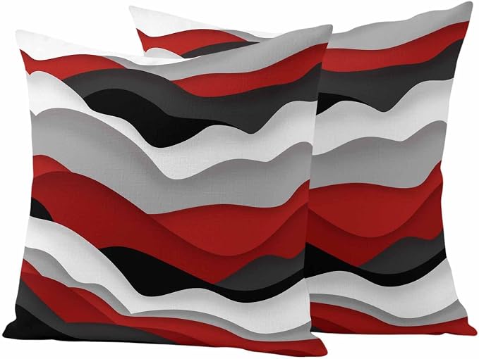 Ocean Waves Outdoor Waterproof Throw Pillow Covers Set of 2, 18"x18", Black Red Wave Gradient Decorative Pillow Covers Outside Cushion Case for Patio Porch Garden