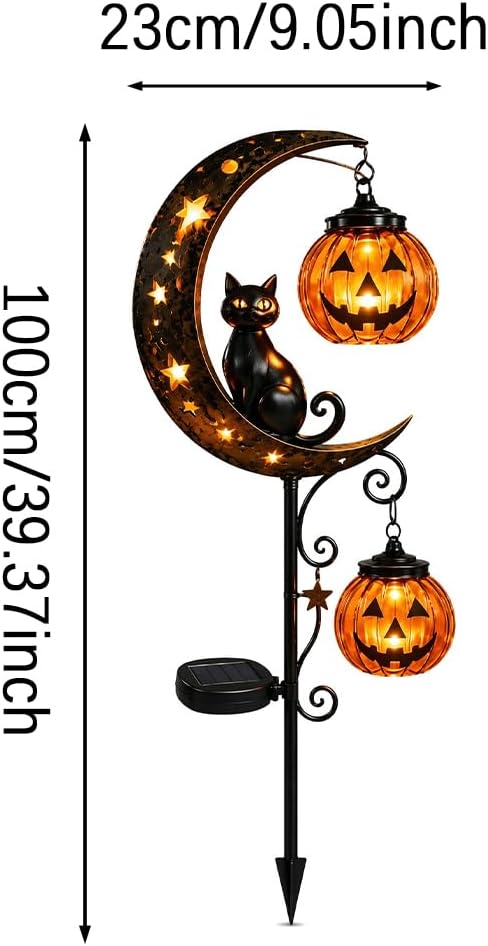 Solar Halloween Black Cat & Pumpkin Moon Garden Stake Light, Outdoor Waterproof LED Yard Decoration with Crescent Moon, Hanging Jack-o'-Lantern Lantern for Garden, Patio, Walkway, Porch (Style A C)