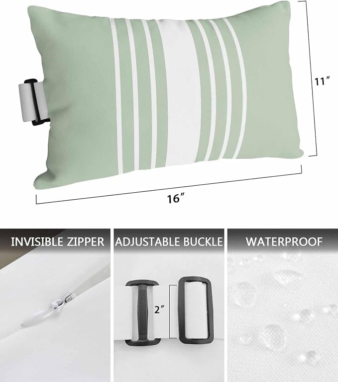 Pack of 4 Outdoor Lumbar Pillow Covers 11x16 Inch, Sage Green White Stripe Waterproof Throw Pillow Covers Set, Modern Rustic Vertical Striped Indoor&Outdoor Cushion Cases for Patio Porch Beach