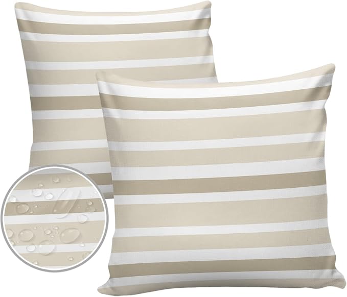 Outdoor Waterproof Throw Pillow Covers Set of 2 Khaki Beige Stripes Decorative Outdoor Pillows Cushion Case 18x18 Inch Classic Striped Patio Pillows for Couch Sofa Bed Garden Office Home Decor