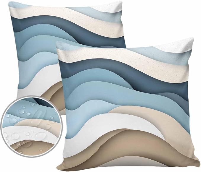 Pack of 2 Blue Brown Abstract Outdoor Pillow Waterproof Covers 18x18 inch, Gradient Water Ripple Polyester Throw Pillow Covers Garden Cushion Decorative Case for Patio Couch Decoration