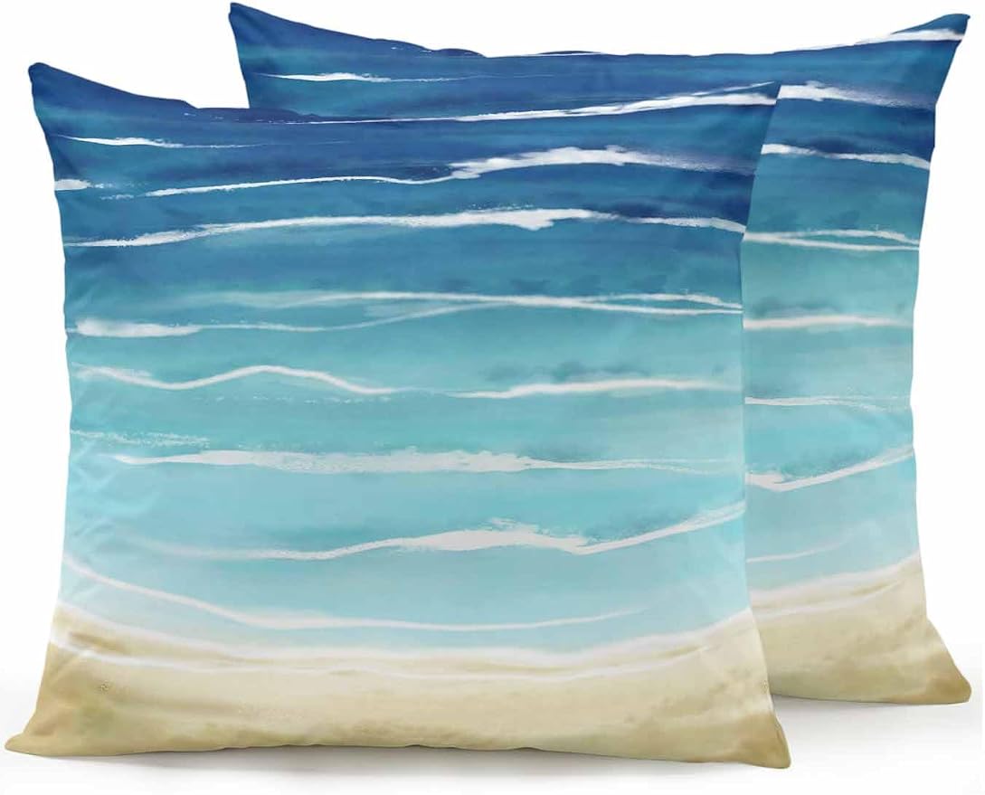 Set of 2 Outdoor Pillows Waterproof, Blue Beige Ombre Indoor/Outdoor Throw Pillows with Inserts, Coastal Nautical Summer Beach Wave Decorative Pillow for Patio Furniture Chairs Couch 16"x16"