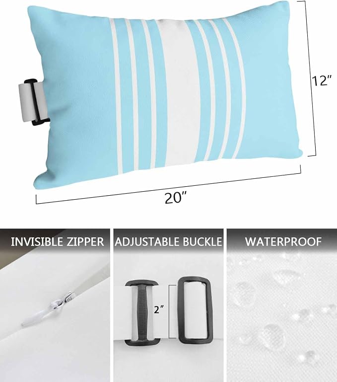 Pack of 4 Outdoor Lumbar Pillow Covers 12x20 Inch, Aqua White Stripe Waterproof Throw Pillow Covers Set, Modern Rustic Vertical Striped Indoor&Outdoor Decorative Cushion Cases for Patio Porch Beach
