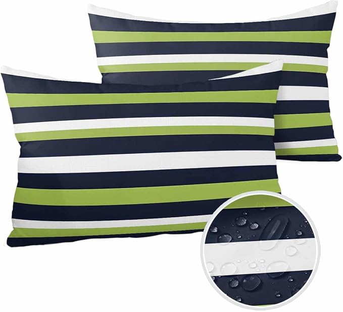 Pack of 2 Blue Green White Stripes Outdoor Pillow Waterproof Covers 20x12 inch, Classic Geometric Polyester Throw Pillow Covers Garden Cushion Decorative Case for Patio Couch Decoration