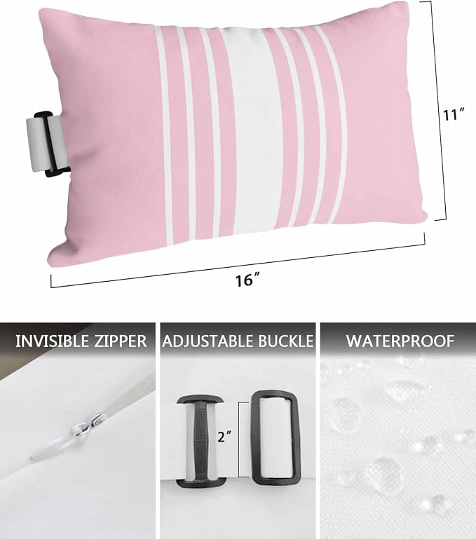 Pack of 2 Outdoor Lumbar Pillow Covers 11x16 Inch, Pink White Stripe Waterproof Throw Pillow Covers Set, Modern Rustic Vertical Striped Indoor&Outdoor Decorative Cushion Cases for Patio Porch Beach