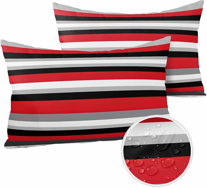 Pack of 2 Red Black Grey Stripes Outdoor Pillow Waterproof Covers 20x12 inch, Geometric Mexican Style Polyester Throw Pillow Covers Garden Cushion Decorative Case for Patio Couch Decoration
