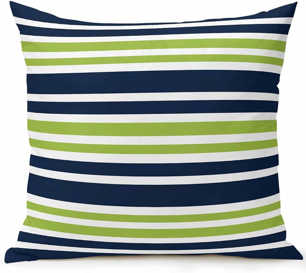 Outdoor Waterproof Throw Pillows Navy Blue Green Stripe Patio Pillows,Decorative Pillow Covers with Insert,Pillow Cushion Case for Garden Couch Sofa White Line