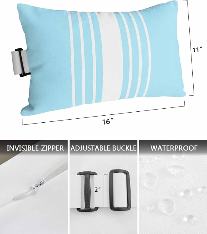 Pack of 4 Outdoor Lumbar Pillow Covers 11x16 Inch, Aqua White Stripe Waterproof Throw Pillow Covers Set, Modern Rustic Vertical Striped Indoor&Outdoor Decorative Cushion Cases for Patio Porch Beach