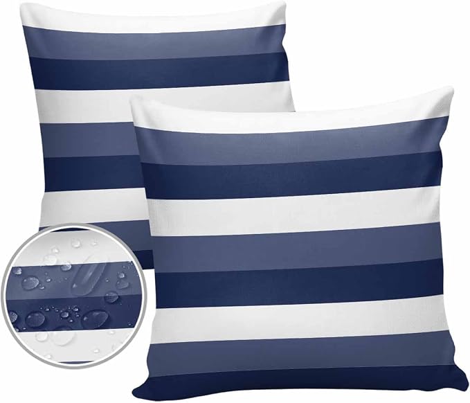 Pack of 2 Navy Blue Stripes Outdoor Pillow Waterproof Covers 20x20 inch, Geometric Pattern Polyester Throw Pillow Covers Garden Cushion Decorative Case for Patio Couch Decoration