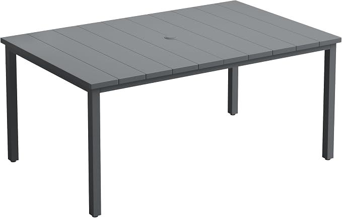 Outdoor Dining Table for 6, 63" Rectangle Outdoor Table with Adjustable Umbrella Hole, All-Weather Metal Patio Dining Table for Lawn Garden Backyard Deck, Dark Grey