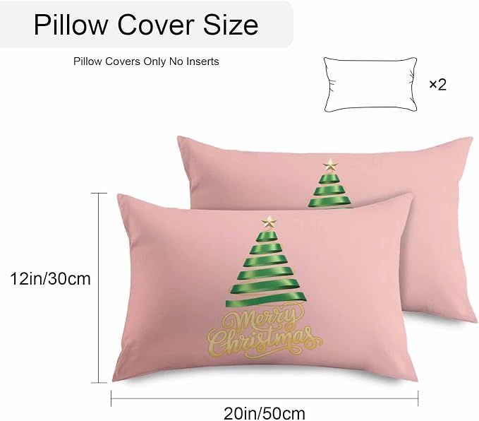 Pink Christmas Tree Lumbar Pillow Covers 12 x 20 Inches, Green Xmas Tree with Star Waterproof Throw Pillow Cover Set of 2, Christmas Pink Decorative Rectangle Cushion Covers for Patio/Couch