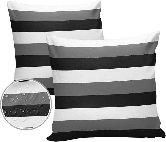 Pack of 2 Modern Stripes Outdoor Pillow Waterproof Covers 20x20 inch, Black Gray White Polyester Throw Pillow Covers Garden Cushion Decorative Case for Patio Couch Decoration