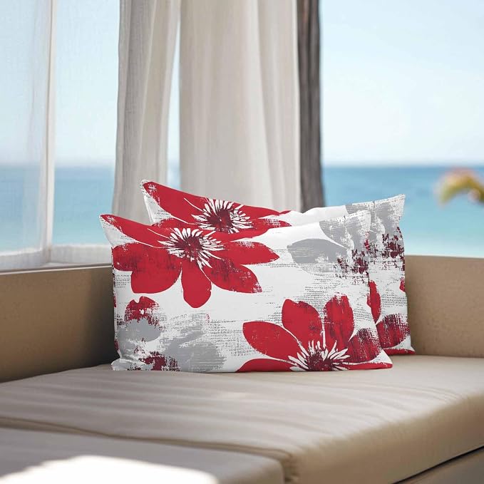 Vandarllin Outdoor Throw Pillows Covers 20x12 inch Set of 2 Waterproof Red Sunflower Decorative Zippered Cushion Covers for Patio Furniture, Flower Field Lumbar Pillowcases