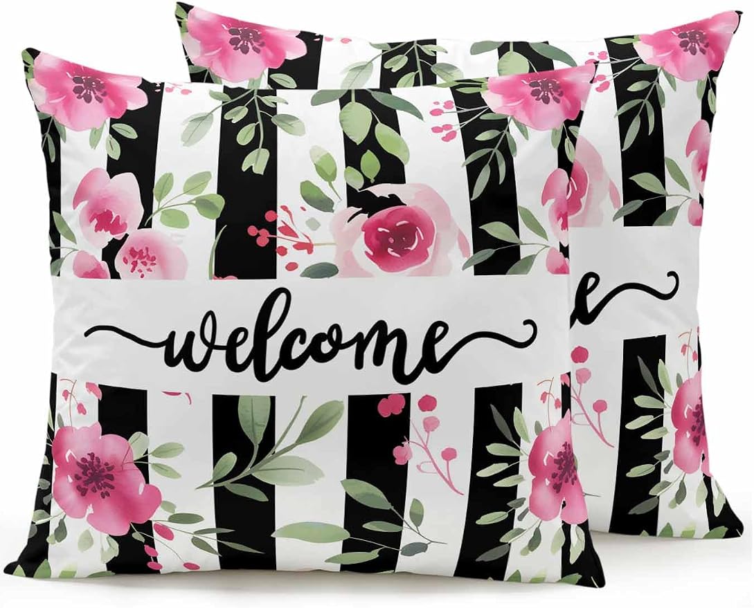 Outdoor Waterproof Throw Pillows Welcome Words Pink Flowers Patio Pillows Pack of 2,Decorative Pillow Covers with Insert,Pillow Cushion Case for Garden Couch Sofa Country Black Line