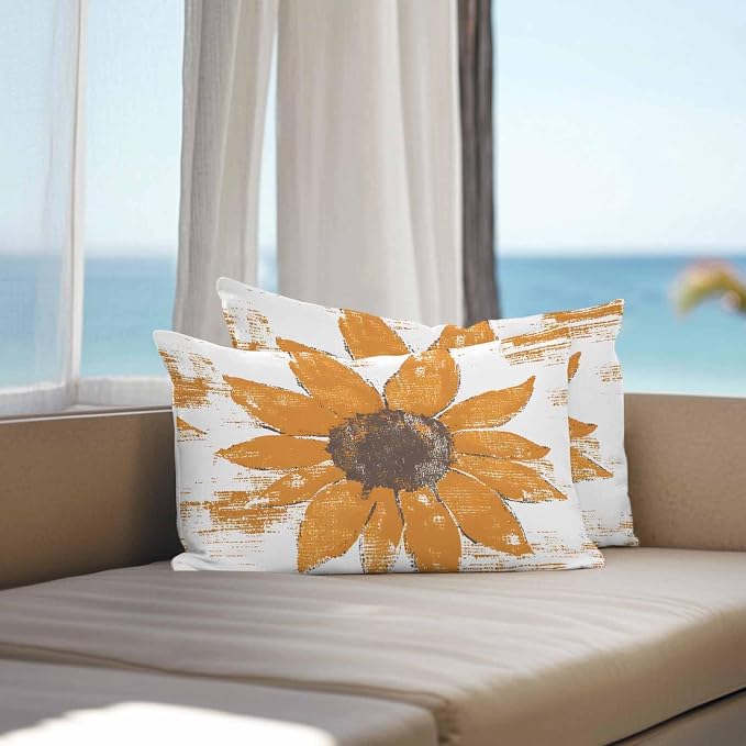 Vandarllin Outdoor Throw Pillows Covers 20x12 inch Set of 2 Waterproof Orange Sunflower Decorative Zippered Cushion Covers for Patio Furniture, Flower Field Lumbar Pillowcases