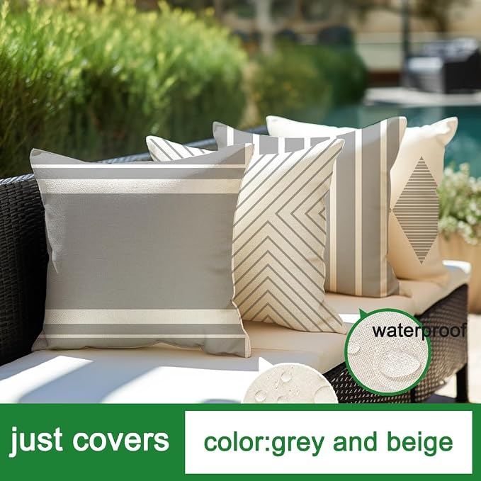 Outdoor Pillows Covers 16x16 Waterproof,Grey and Beige Set of 4(No Insert) | for Covered Patio Furniture Couch Sunbrella,No Insert Just Covers,Fit 16x16 inch Inserts or Smaller,Durable Polyester,Boho