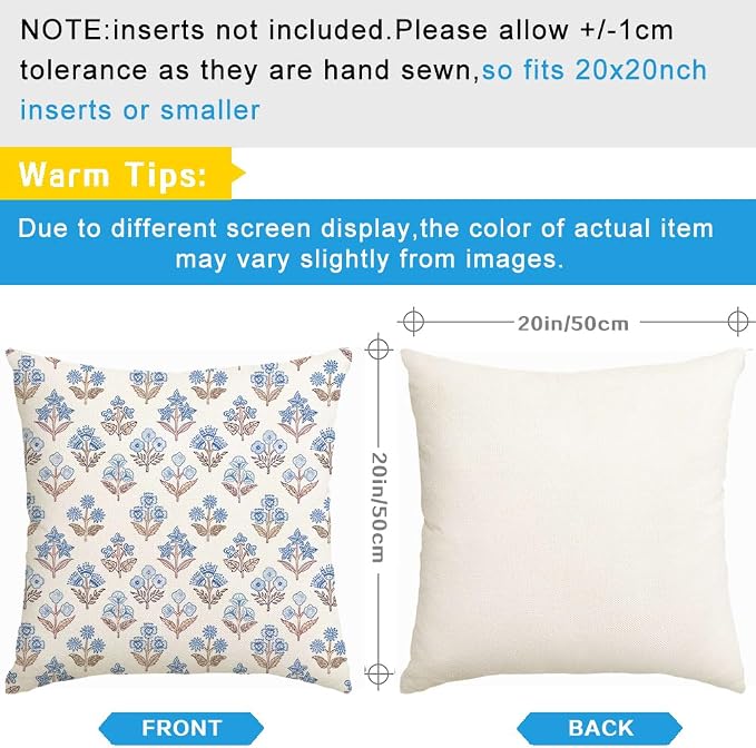 RABUSOFA Blue Floral Pillow Covers 20x20 Inch Set of 2 Outdoor Waterproof Decorative Throw Pillows for Home Spring Summer Decor Couch Patio Funiture Garden Vintage Flower