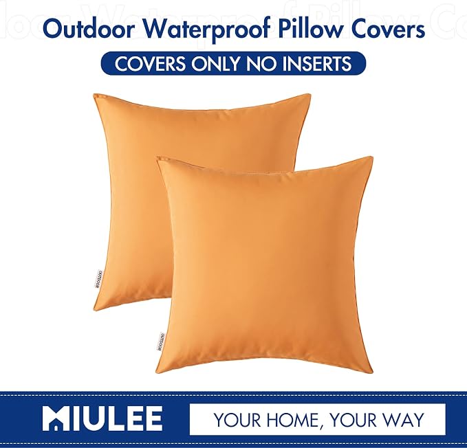 MIULEE Decorative Outdoor Waterproof Pillow Covers 16x16 Orange Yellow | Decorative Patio Furniture,Pack of 2,Accent Square Soild Throw Pillow Covers,Summer Garden Tent Couch Sofa
