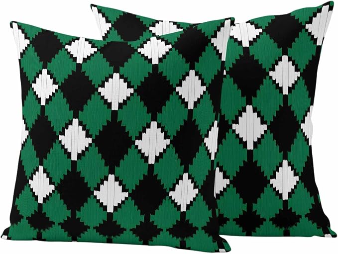 Vintage Rhombus Outdoor Waterproof Throw Pillow Covers Set of 2, 24"x24", Green Black White Decorative Pillow Covers Outside Cushion Case for Patio Porch Garden