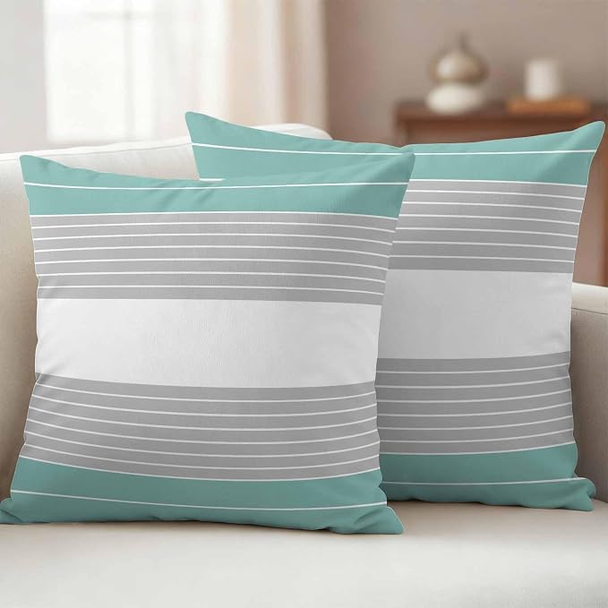 Turquoise Grey Stripe Outdoor Pillow Covers Set of 2 Gradient Line Waterproof Throw Pillow Cover Decorative Cushion Cases for Patio Porch Garden 16X16 Inch
