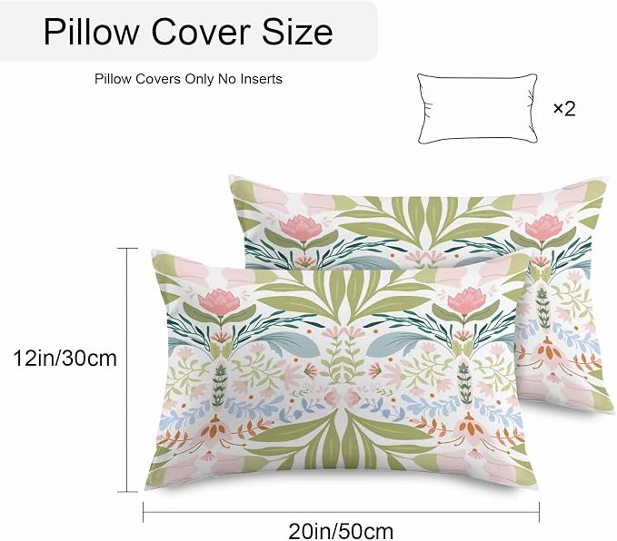 Outdoor Pillow Covers Waterproof, Green Blue Pink Floral All Weather Cushion Case Set of 2, Rustic Ethnic Boho Flowers Botanical Lumbar Pillowcase for Sofa Couch Bed Decor Patio Furniture 20"x12"