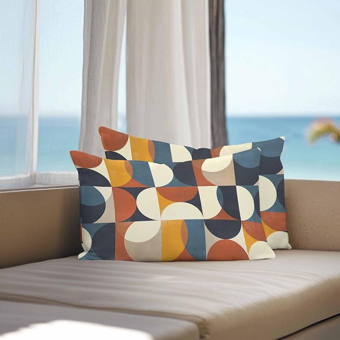 Vandarllin Outdoor Throw Pillows Covers 20x12 inch Set of 2 Waterproof Mid Century Geometric Decorative Zippered Cushion Covers for Patio Furniture, Abstract Modern Lumbar Pillowcases