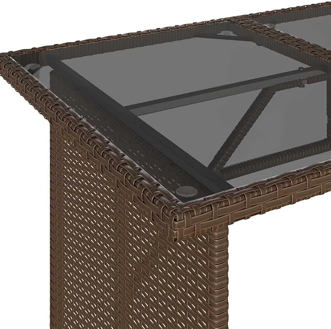 Brown PE Rattan Outdoor Table with Glass Top for Patio Dining, Small Space Outdoor Dining Table 43.3 x 26.8 in