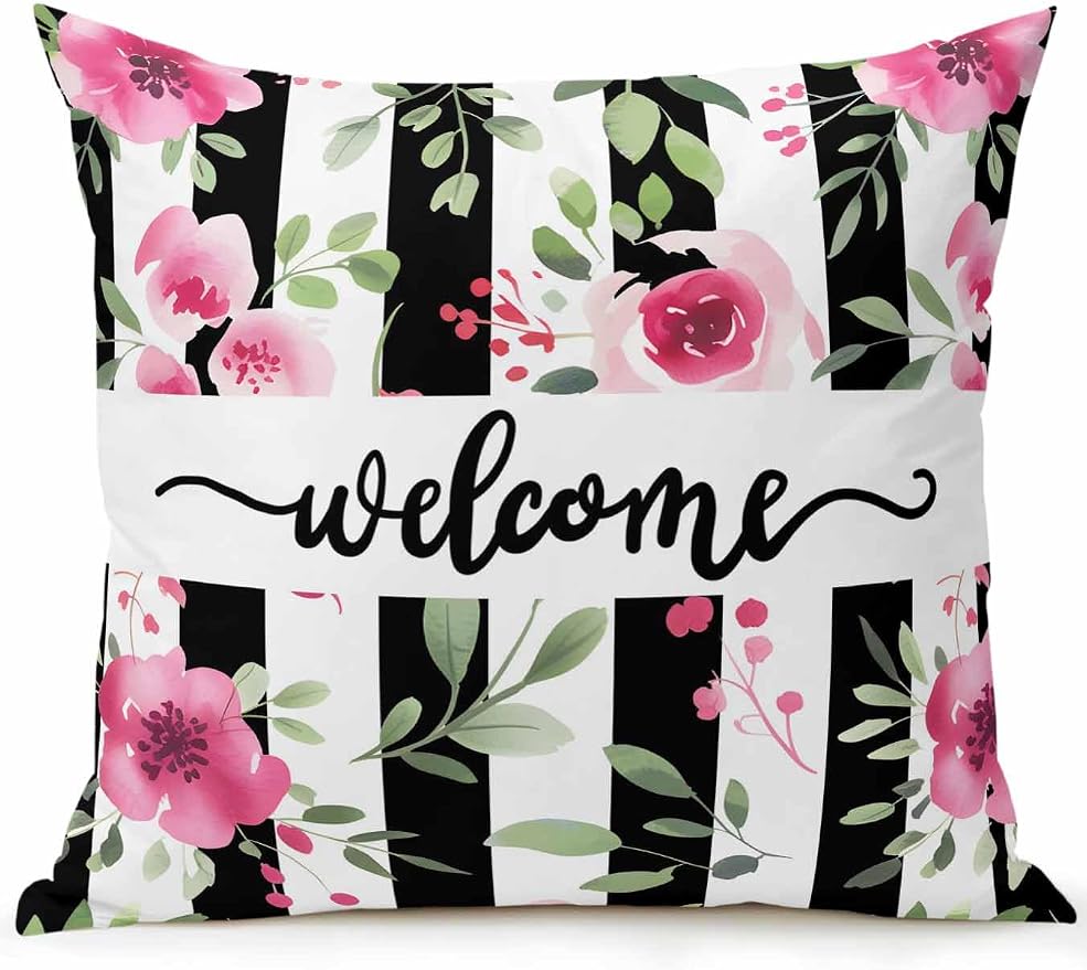 Outdoor Waterproof Throw Pillows Welcome Words Pink Flowers Patio Pillows,Decorative Pillow Covers with Insert,Pillow Cushion Case for Garden Couch Sofa Country Black Line