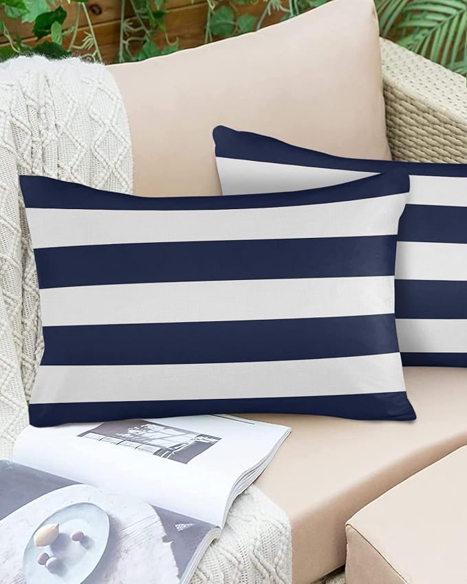 Outdoor Pillows Navy Blue White Stripes Waterproof Outdoor Pillow Covers Geometric Simple Summer Polyester Throw Pillow Covers Garden Cushion Decorative Case for Patio Couch Decoration Set of 2