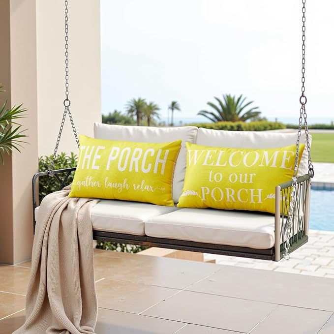 Porch Decor Yellow Outdoor Lumbar Pillow Covers Waterproof 12x20 for Patio | Set of 2, Summer, Porch Decorations Outdoor, Porch Pillows, Outdoor Pillows Waterproof, Outdoor Pillows for Patio Furniture