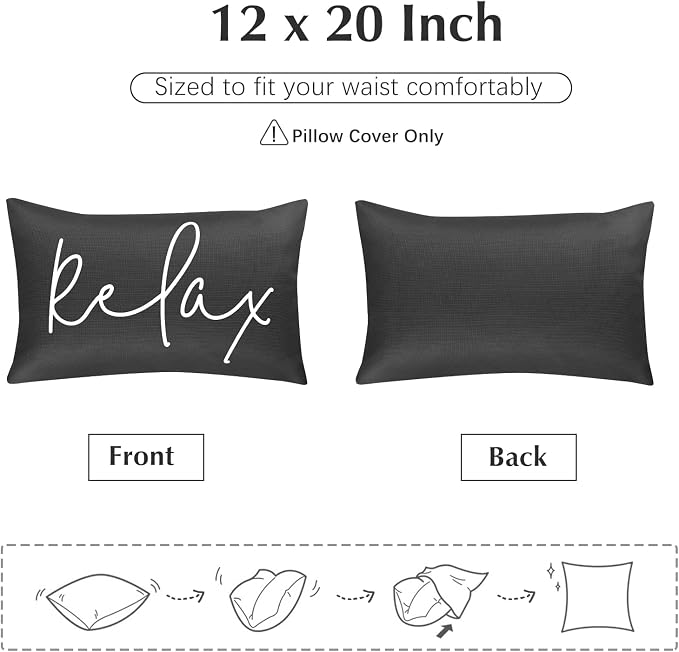 Lewondr Waterproof Outdoor Throw Pillow Cover, 2 Pack, 12"x20", Black | Relax Printing, Summer Garden Decor, For Patio Sofa, Balcony Couch, Bench Porch