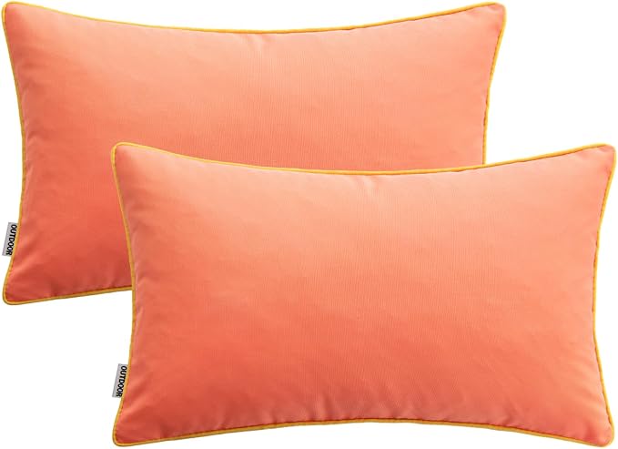 MIULEE Outdoor Waterproof Pillow Covers 12x20 Coral Red-Yellow Pack of 2 | Decorative Farmhouse Throw Pillow Covers with Piping,Square Solid Color,Patio Furniture,Summer Couch Tent Sofa Living Room