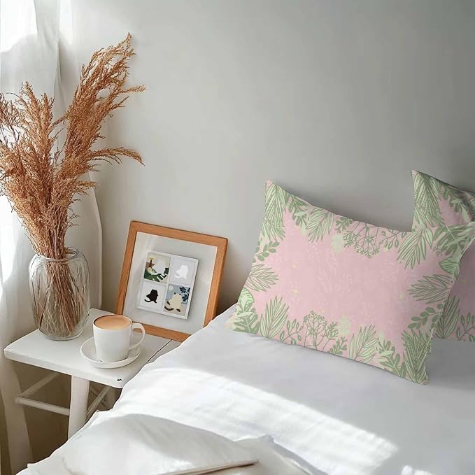 Vandarllin Outdoor Throw Pillows Covers 20x12 inch Set of 2 Waterproof Sage Green Leaves Decorative Zippered Cushion Covers for Patio Furniture, Spring Floral Plants Pink Lumbar Pillowcases