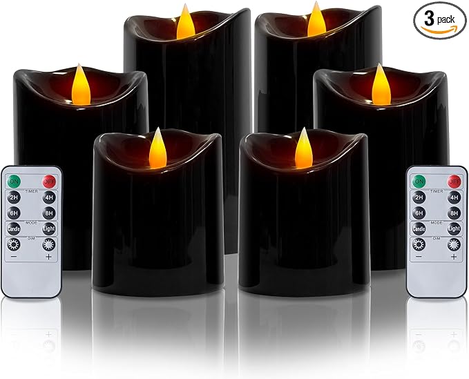3 Pack Flameless Candles with Remote & Timer Ivory Outdoor Waterproof Led Pillar Candles(D3“x H 4”/5”/6”), Battery Operated Candles for Home & Holiday Party Decor (Black, 6 Pack)
