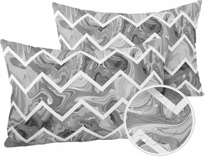 Outdoor Waterproof Throw Pillows Marble Gray Zigzag Ripple Chevron Patio Pillows Pack of 2,Decorative Pillow Covers with Insert,Pillow Cushion Case for Garden Couch Modern Geometric Abstract Pattern