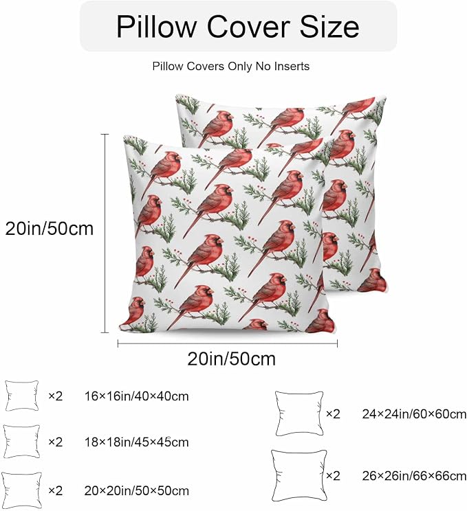 YOKOU Outdoor Waterproof Throw Pillow Covers, Christmas Red Bird on Pine Branches Berries Cardinal Pillowcases Cushion Covers Cases for Patio Couch Bench, Pack of 2 Square, 20X20 Inch