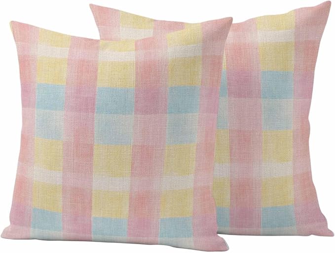 Colorful Plaids Outdoor Waterproof Throw Pillow Covers Set of 2, 16"x16", Pink Blue Yellow Stripes Geometric Rustic Decorative Pillow Covers Outside Cushion Case for Patio Porch Garden