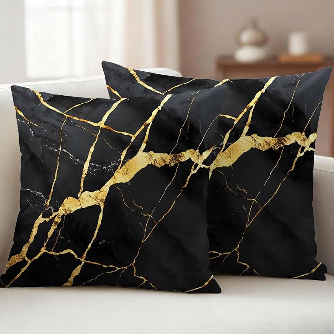 Outdoor Waterproof Pillow Covers 16x16Inch Marble Texture Throw Pillowcases for Patio Garden Couch Sofa Gold Line Black Decorative Cushin Case,Pack of 2