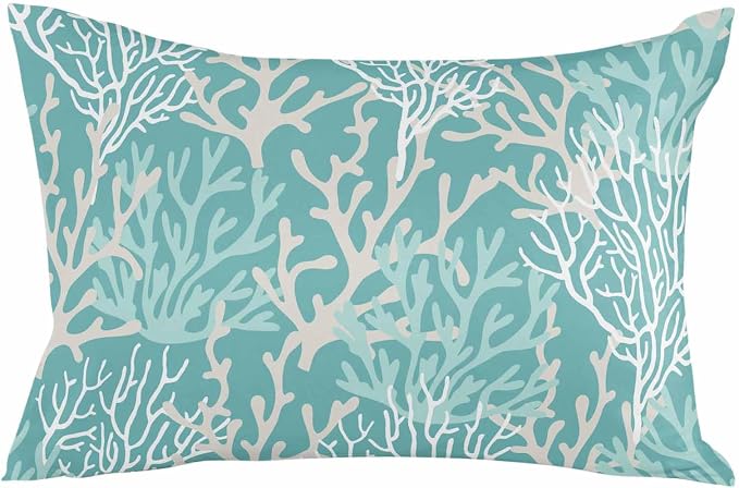 Pack of 2 Outdoor Pillow Covers 20x12 Waterproof Aqua Teal Coral Coastal Throw Pillow Covers, Decorative Pillowcases Nautical Ocean Marine Organism Cushion Covers for Patio Garden Couch Pillow Case