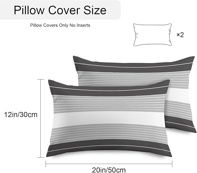 Black Grey Stripe Outdoor Pillow Covers Waterproof, All Weather Cushion Case Set of 2, Modern Art Horizontal Striped Lumbar Pillowcase for Sofa Couch Bed Decor Patio Furniture 20"x12"