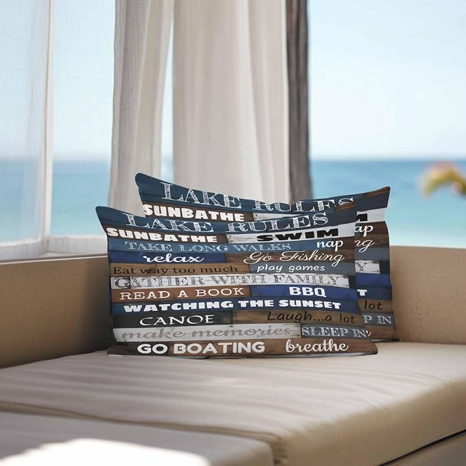 Vandarllin Outdoor Throw Pillows Covers 20x12 inch Set of 2 Waterproof Lake Rules on Wood Grain Decorative Zippered Cushion Covers for Patio Furniture, Rustic Text Wooden Lumbar Pillowcases