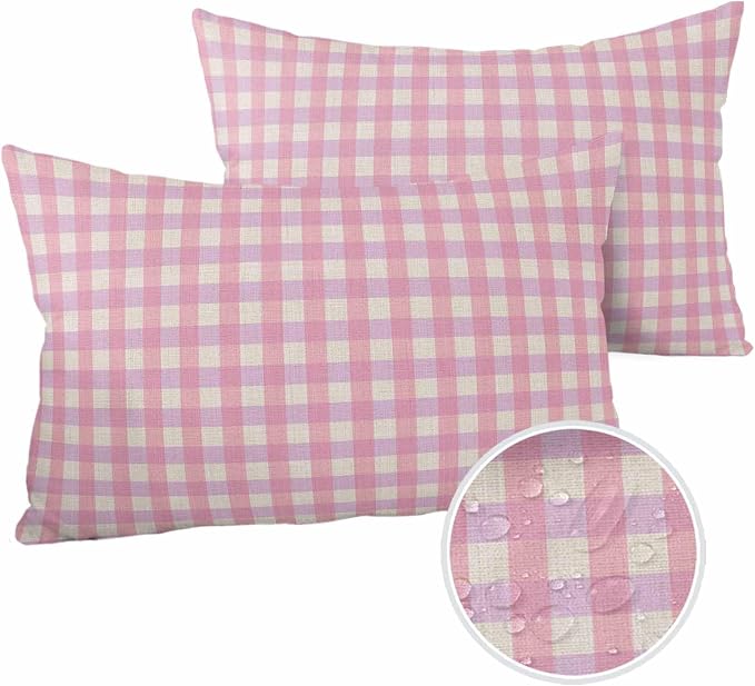 Outdoor Waterproof Throw Pillow Covers Set of 2 Pink Buffalo Plaid Lumbar Pillowcases 20x12 Inches Linen Classic Checked Patio Decorative Pillows Cushion Case Patio Pillows for Couch Bed Chair Garden