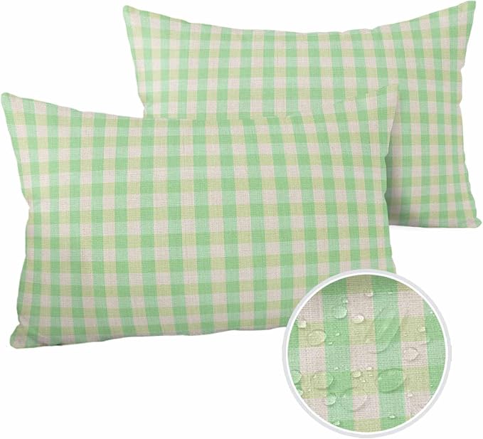Outdoor Waterproof Throw Pillow Covers Set of 2 Green Buffalo Plaid Lumbar Pillowcases 20x12 Inches Linen Classic Checked Patio Decorative Pillows Cushion Case Patio Pillows for Couch Bed Chair Garden